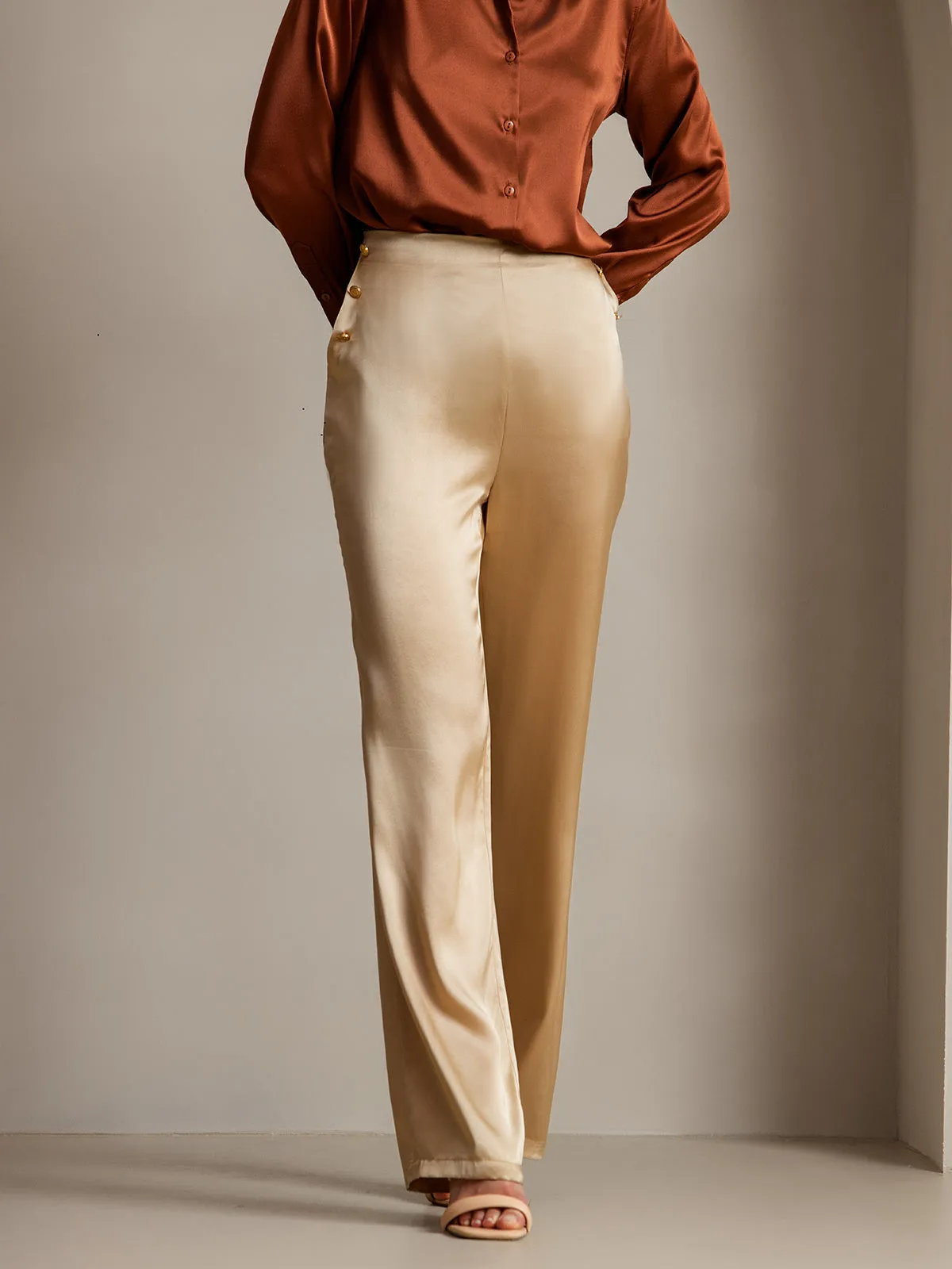 19Momme Silk Fitted Button Pockets Suit Pants