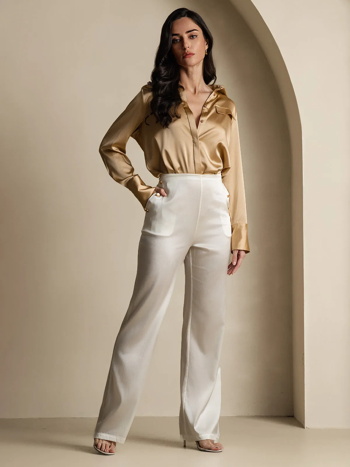 19Momme Silk Fitted Button Pockets Suit Pants