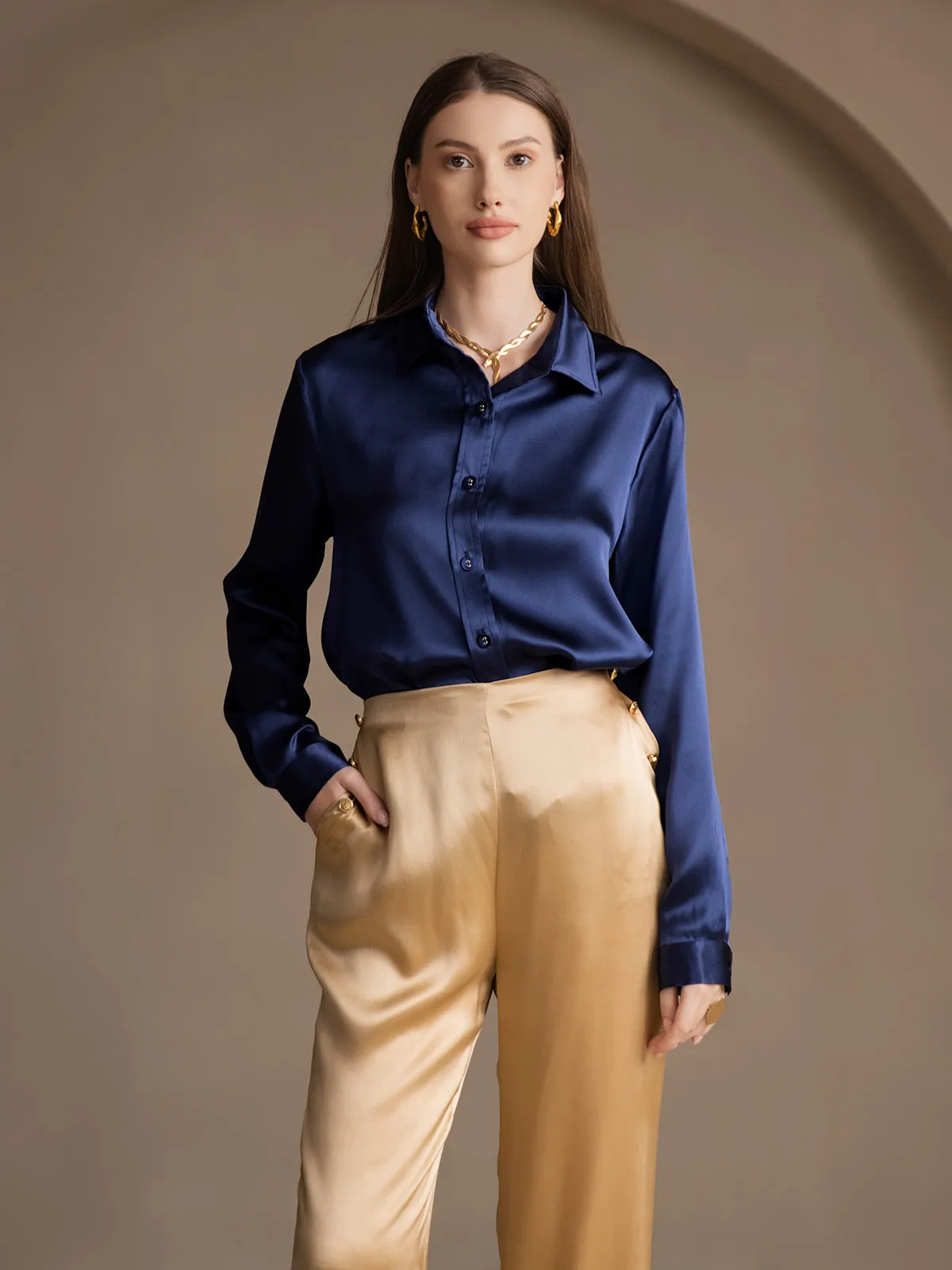 19Momme Silk Fitted Button Pockets Suit Pants