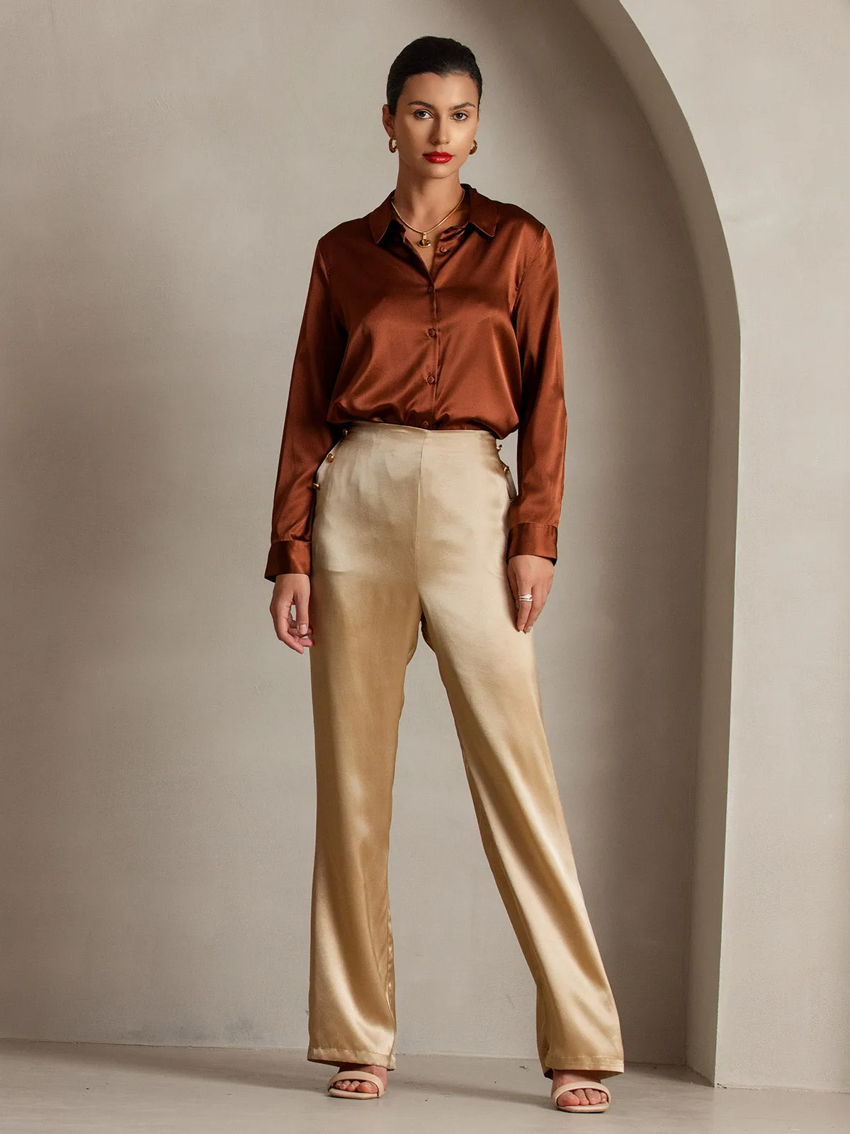 19Momme Silk Fitted Button Pockets Suit Pants