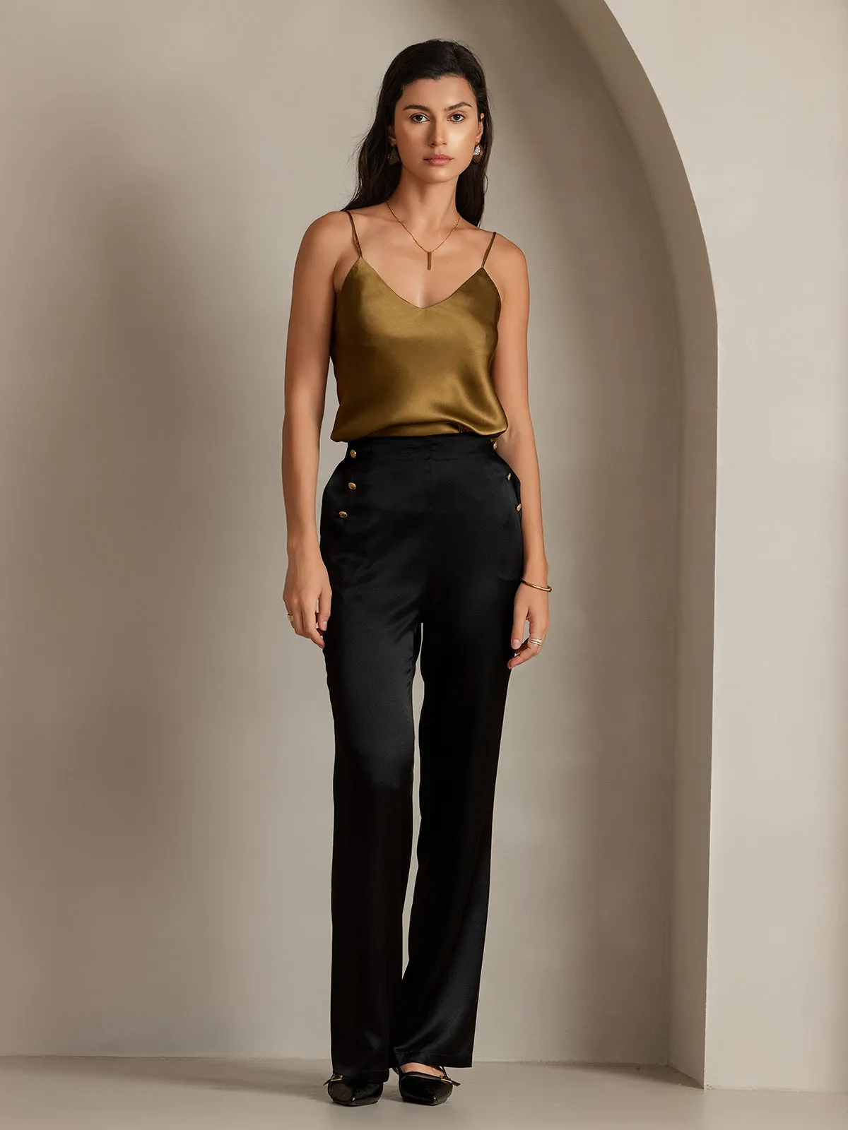 19Momme Silk Fitted Button Pockets Suit Pants