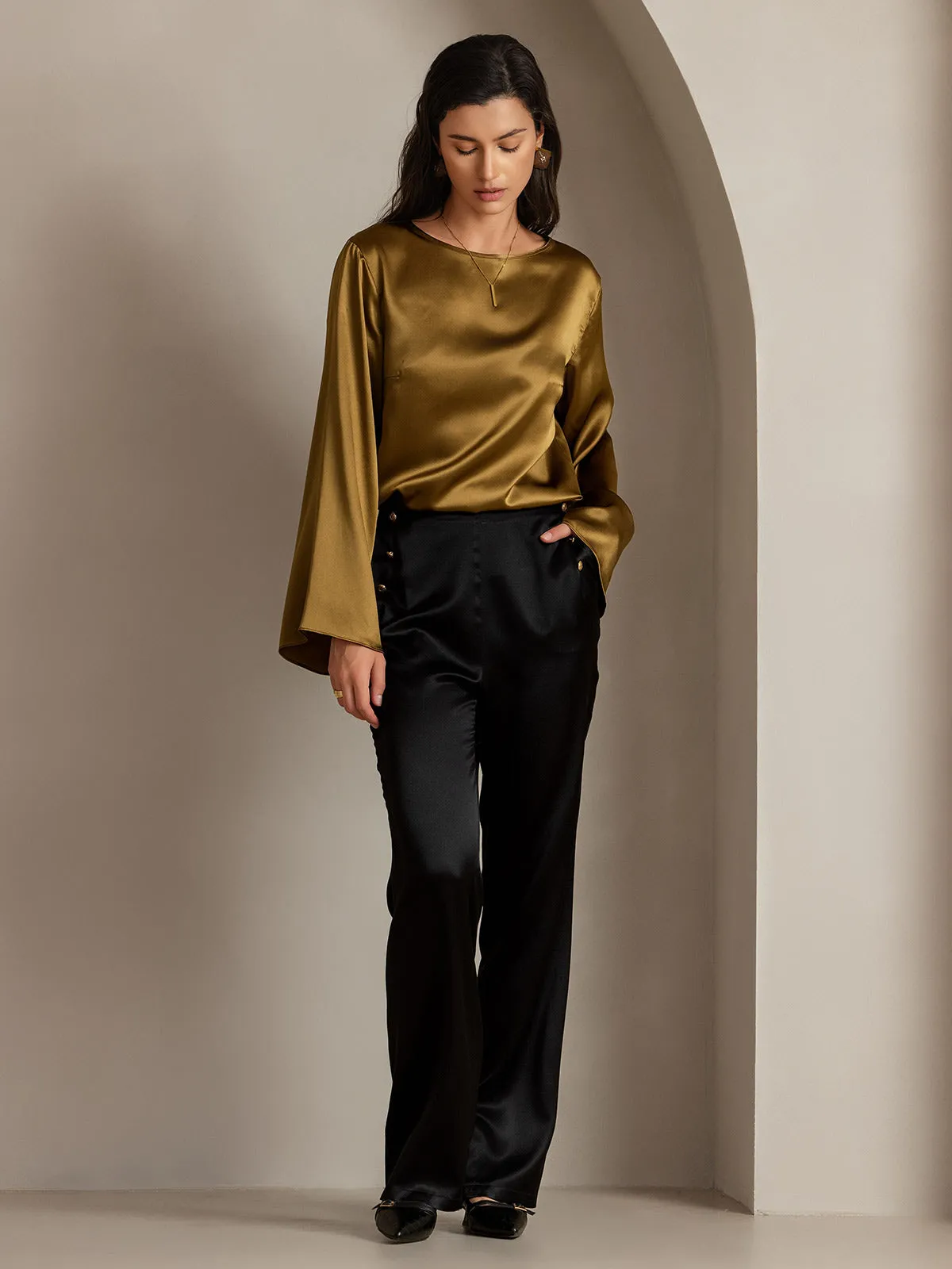 19Momme Silk Fitted Button Pockets Suit Pants