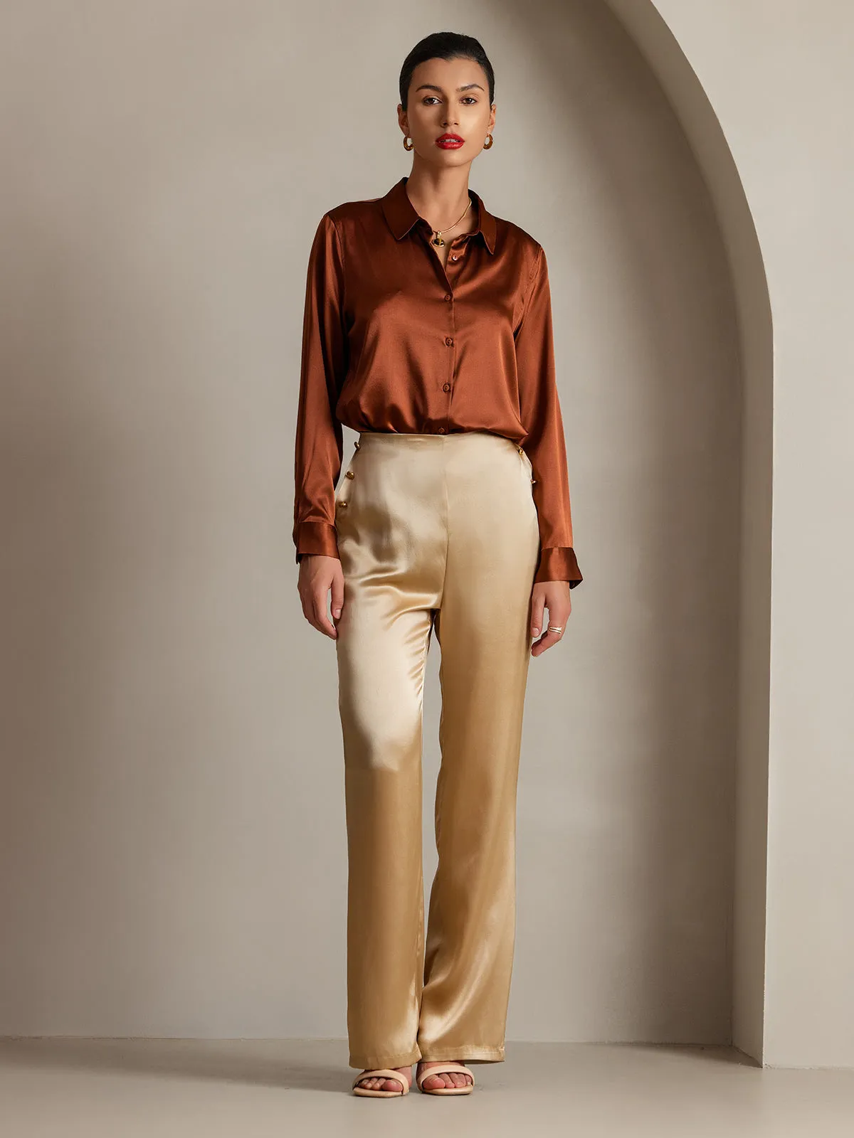19Momme Silk Fitted Button Pockets Suit Pants
