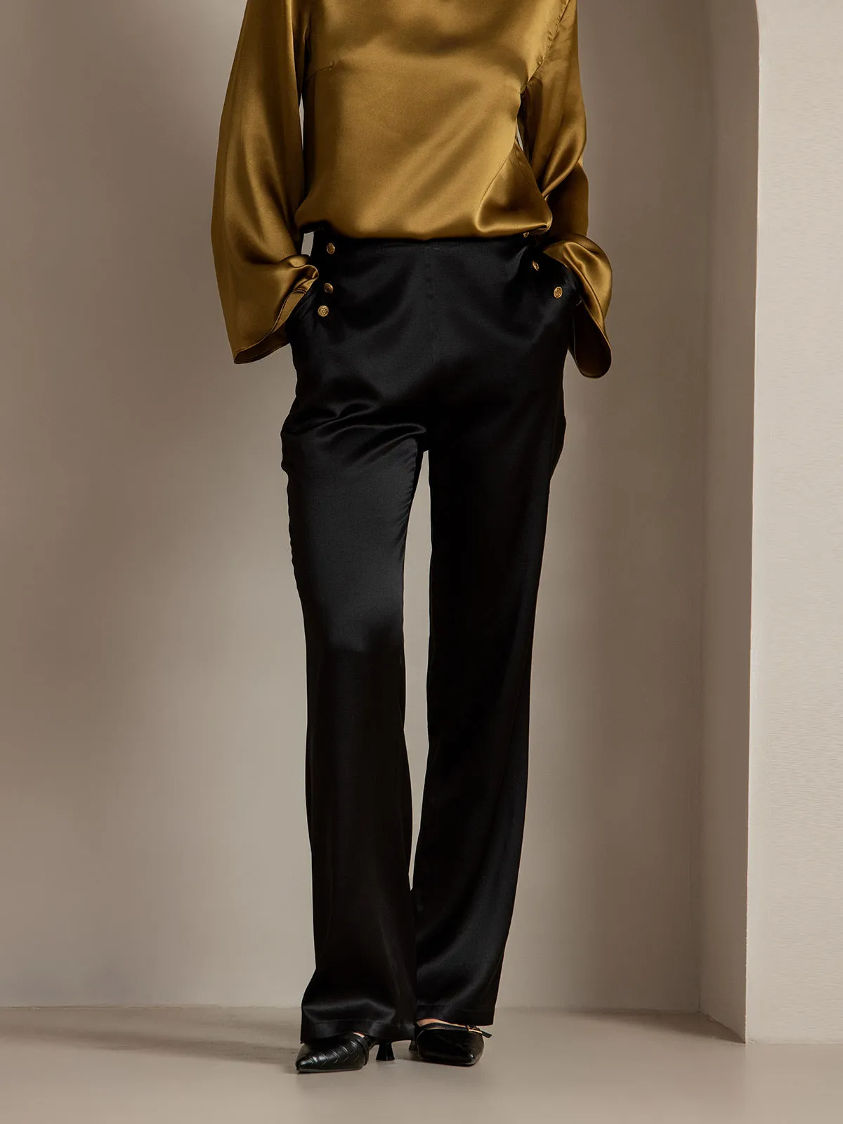 19Momme Silk Fitted Button Pockets Suit Pants