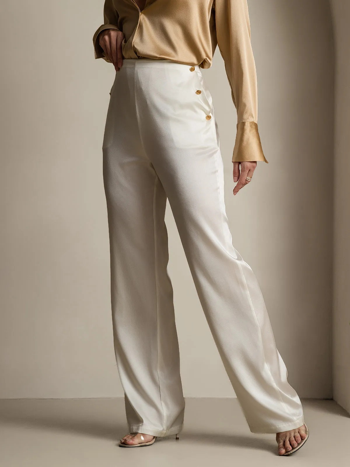 19Momme Silk Fitted Button Pockets Suit Pants