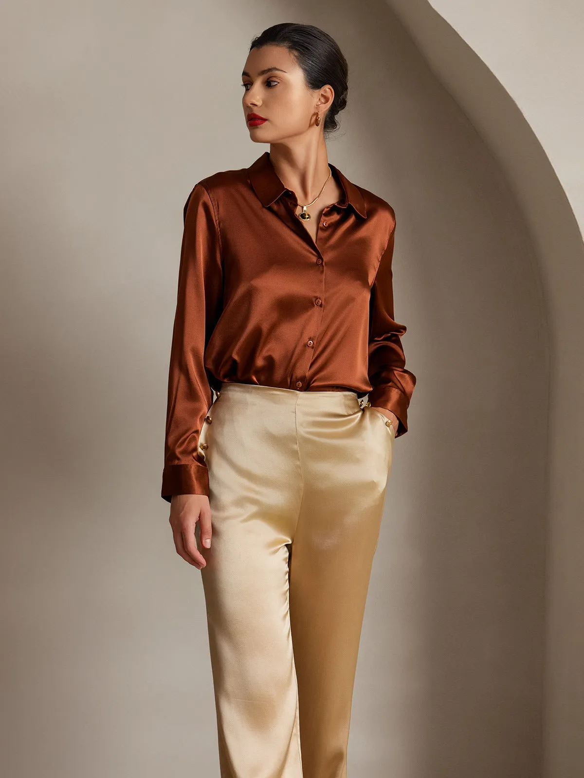 19Momme Silk Fitted Button Pockets Suit Pants