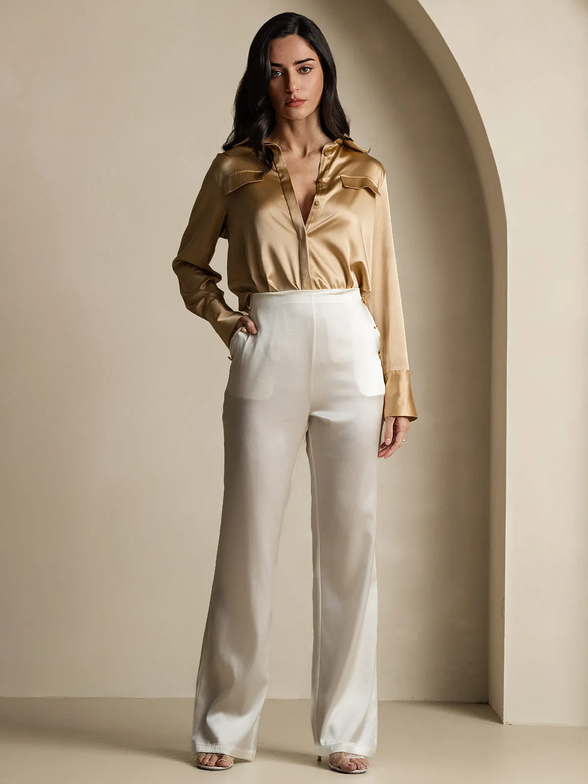 19Momme Silk Fitted Button Pockets Suit Pants
