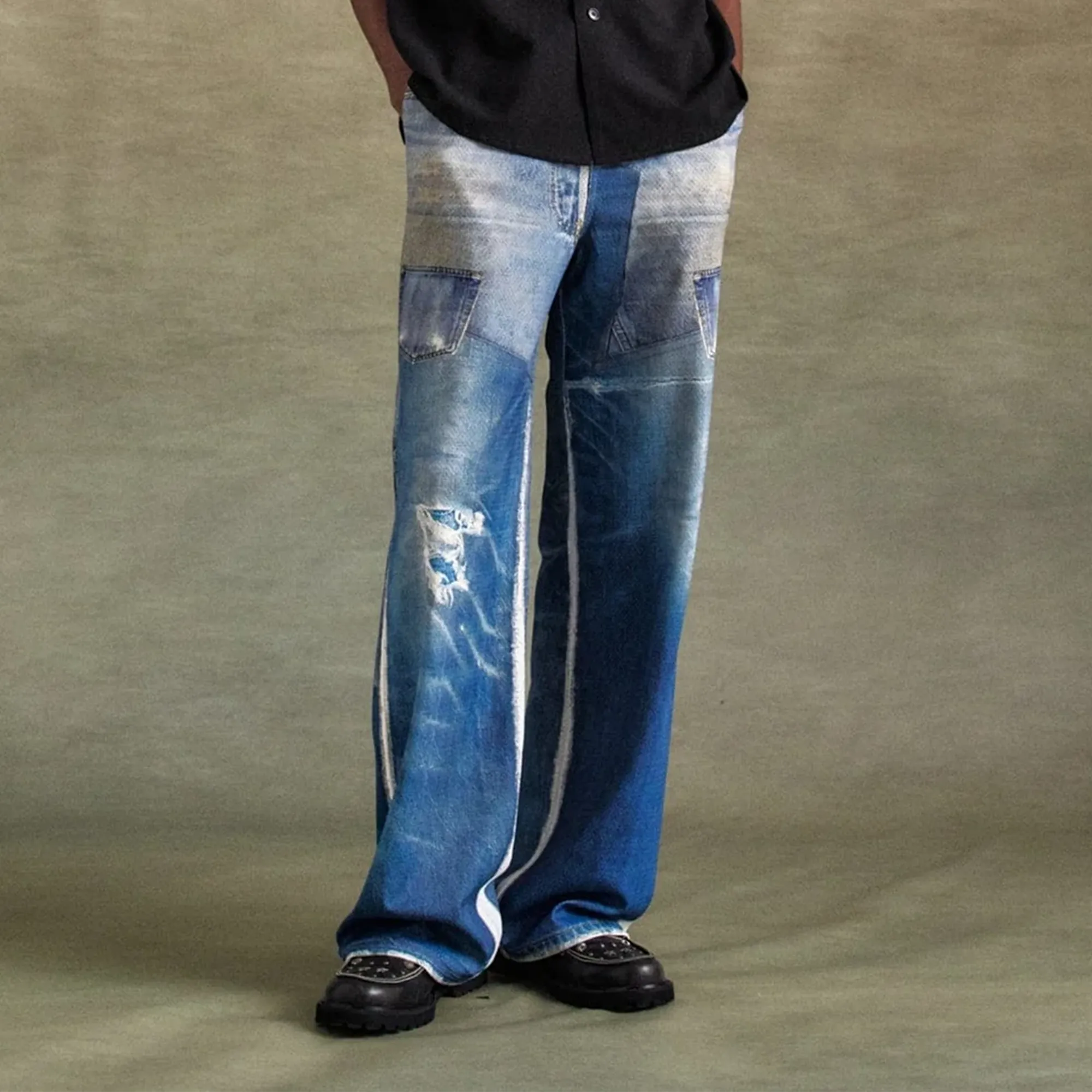 Andersson Bell Unisex Denim Trompe L'Oeil Mesh Pants Blue APA828U