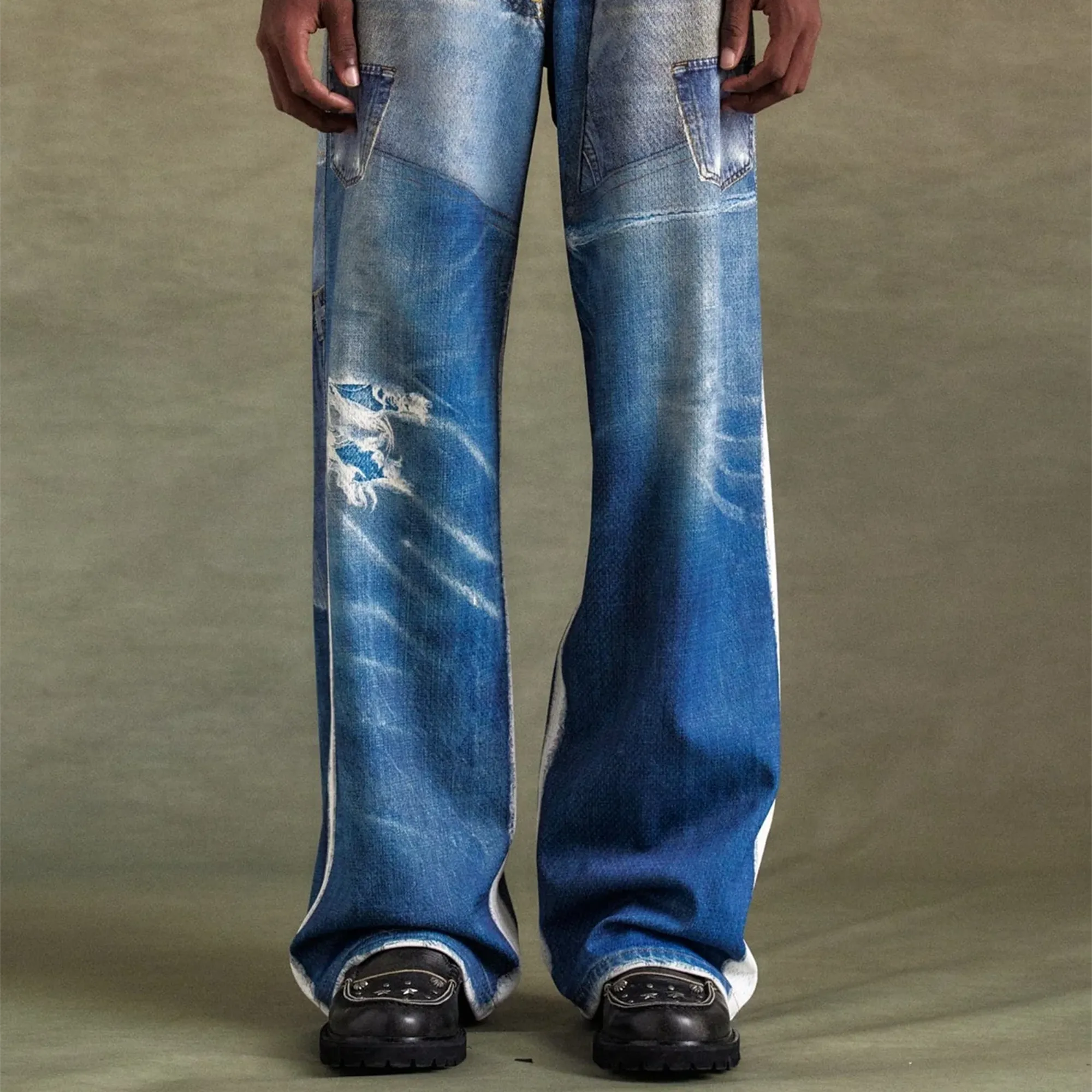 Andersson Bell Unisex Denim Trompe L'Oeil Mesh Pants Blue APA828U