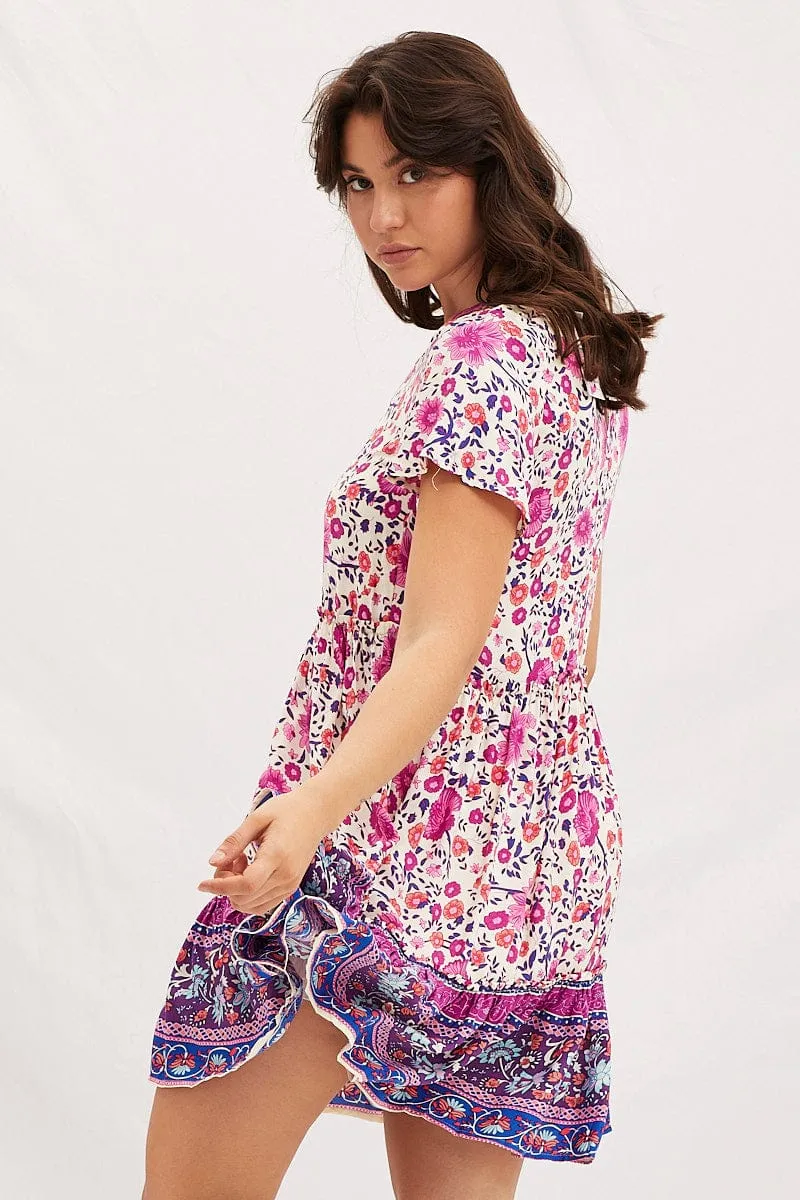 Boho Print Mini Dress Short Sleeve