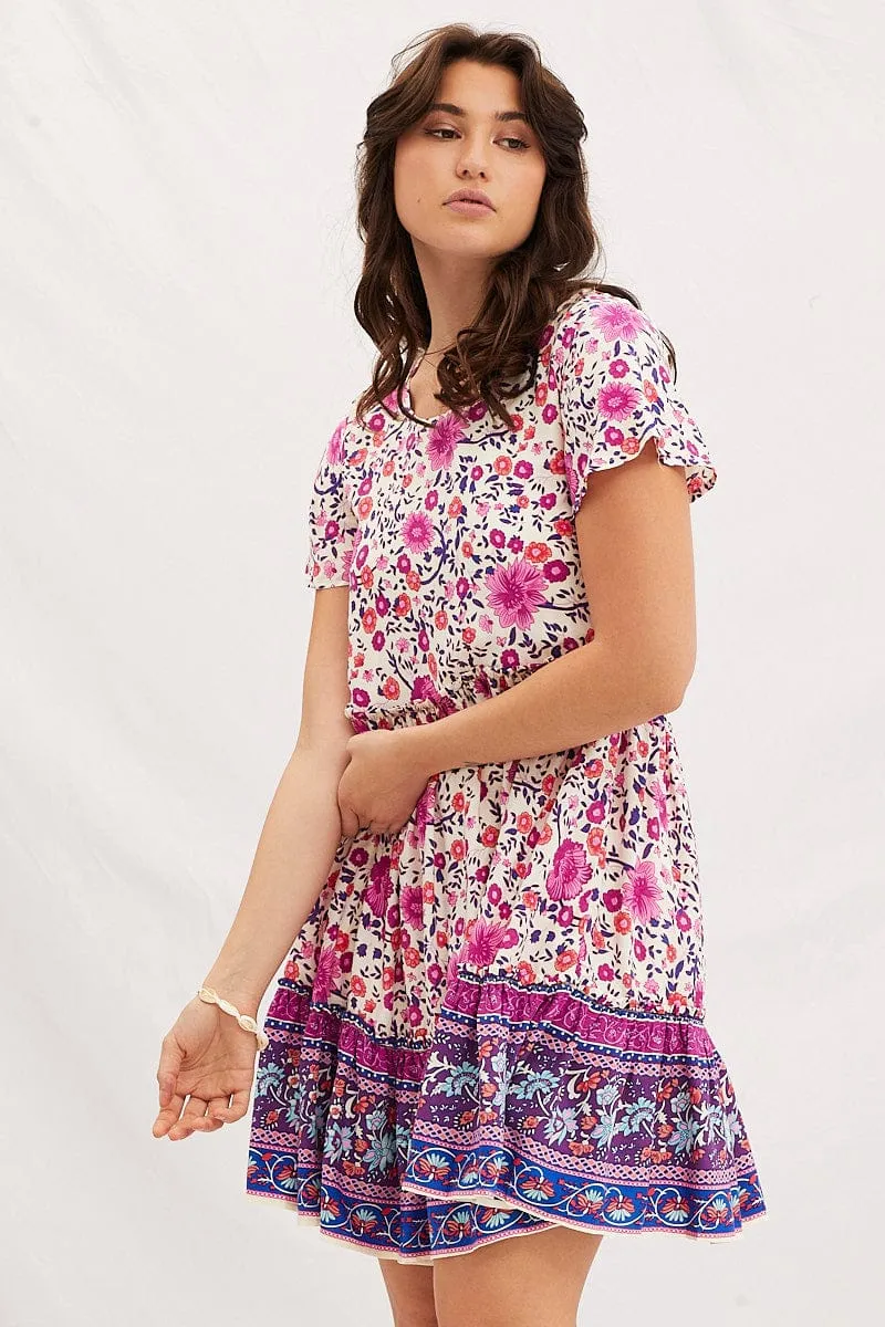 Boho Print Mini Dress Short Sleeve