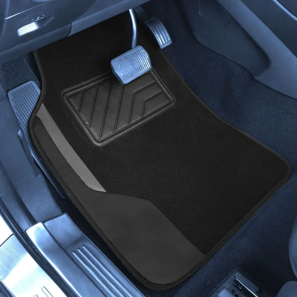Color-Block Carpet Liners Non-Slip Car Floor Mats with Faux Leather Accents - Full Set Black