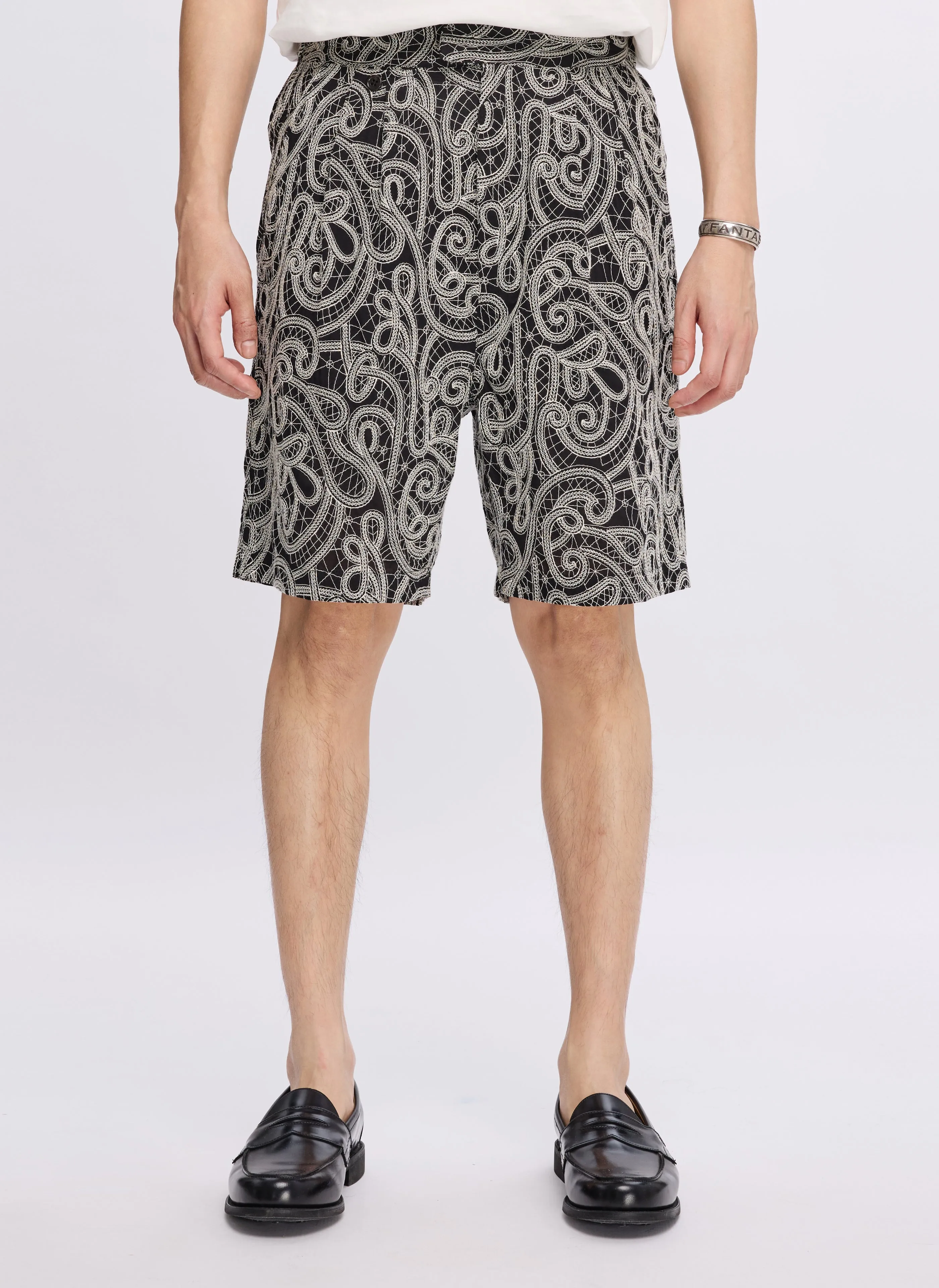 Cotton Embroidery Paisley Double Pleats Shorts