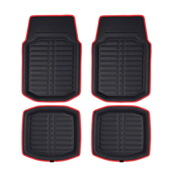 Deep Tray Non-Slip Faux Leather Floor Mats - Full Set Red