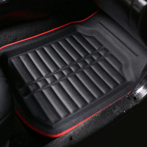 Deep Tray Non-Slip Faux Leather Floor Mats - Full Set Red
