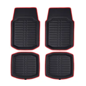 Deep Tray Non-Slip Faux Leather Floor Mats - Full Set Red
