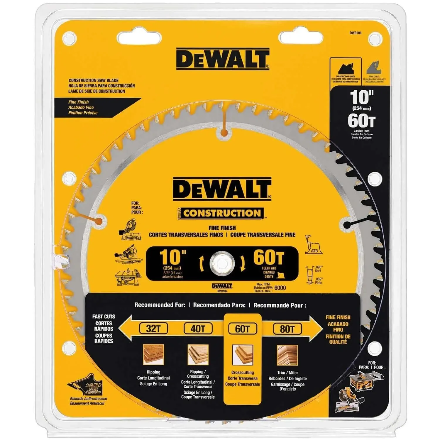 DEWALT DW3106-10-Inch Miter / Table Saw Blade, Atb, Thin Kerf, Crosscutting, 5/8-Inch Arbor, 60-Tooth