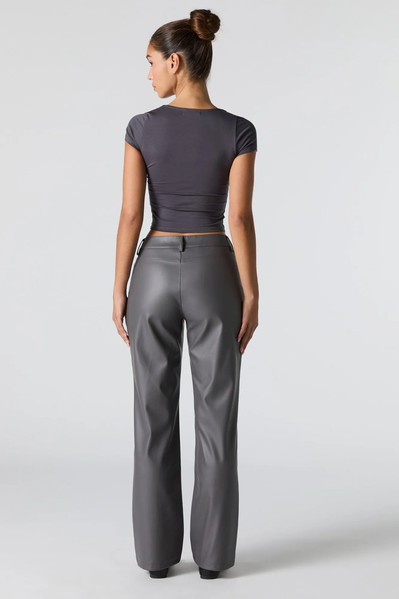 Faux Leather Exposed Seam Straight Leg Pant