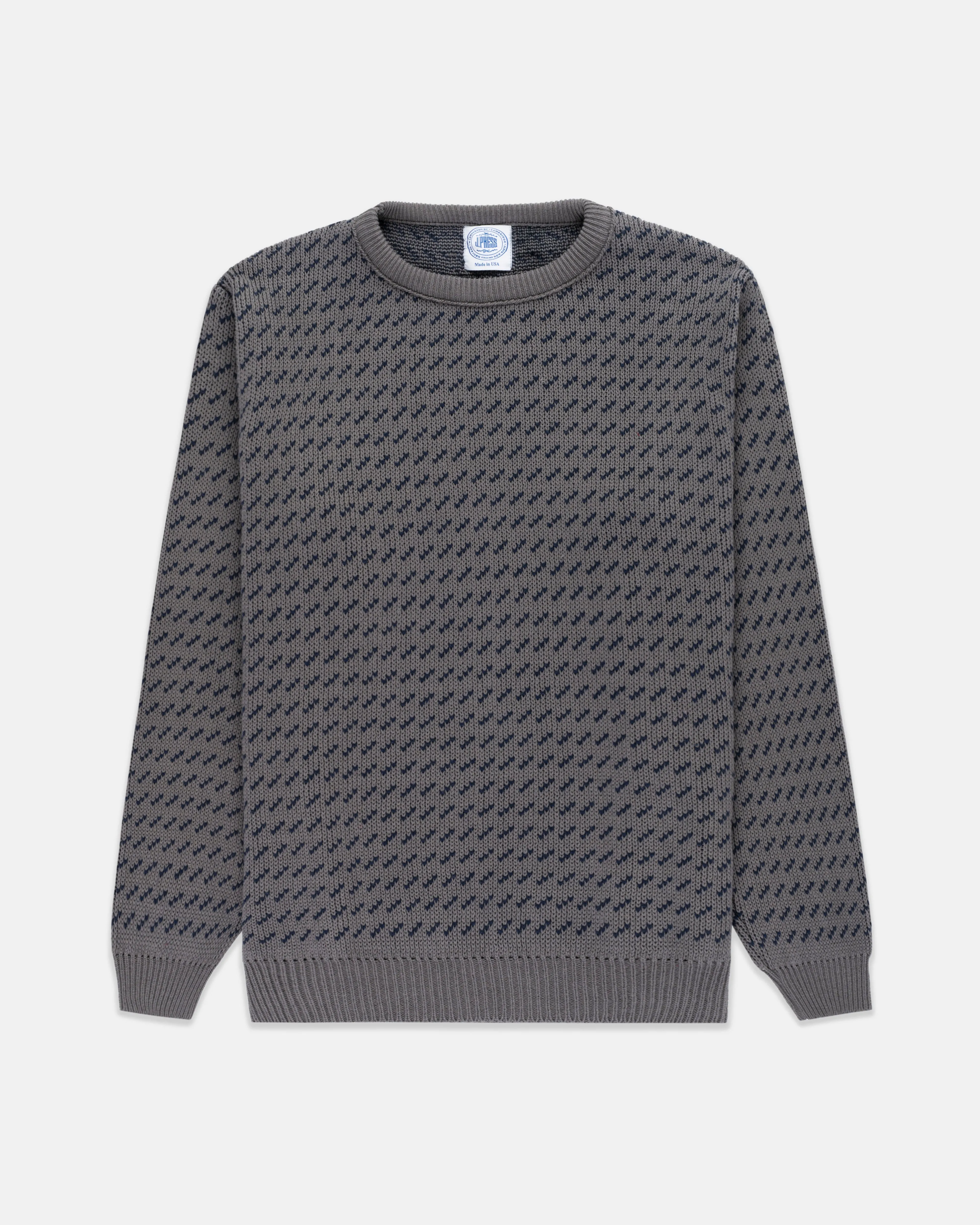 GREY/NAVY CHEVRON COTTON CREWNECK SWEATER