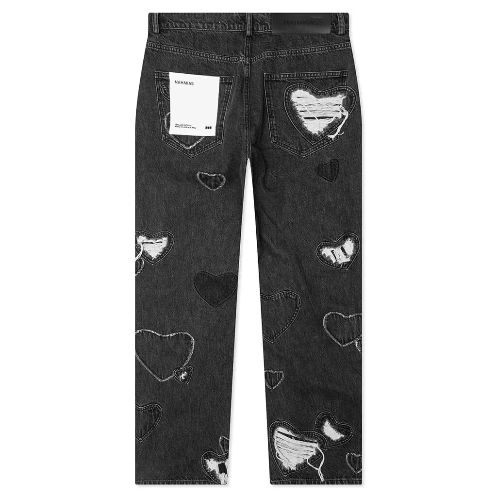 Heart Patchwork Jeans - Heart Charcoal Wash