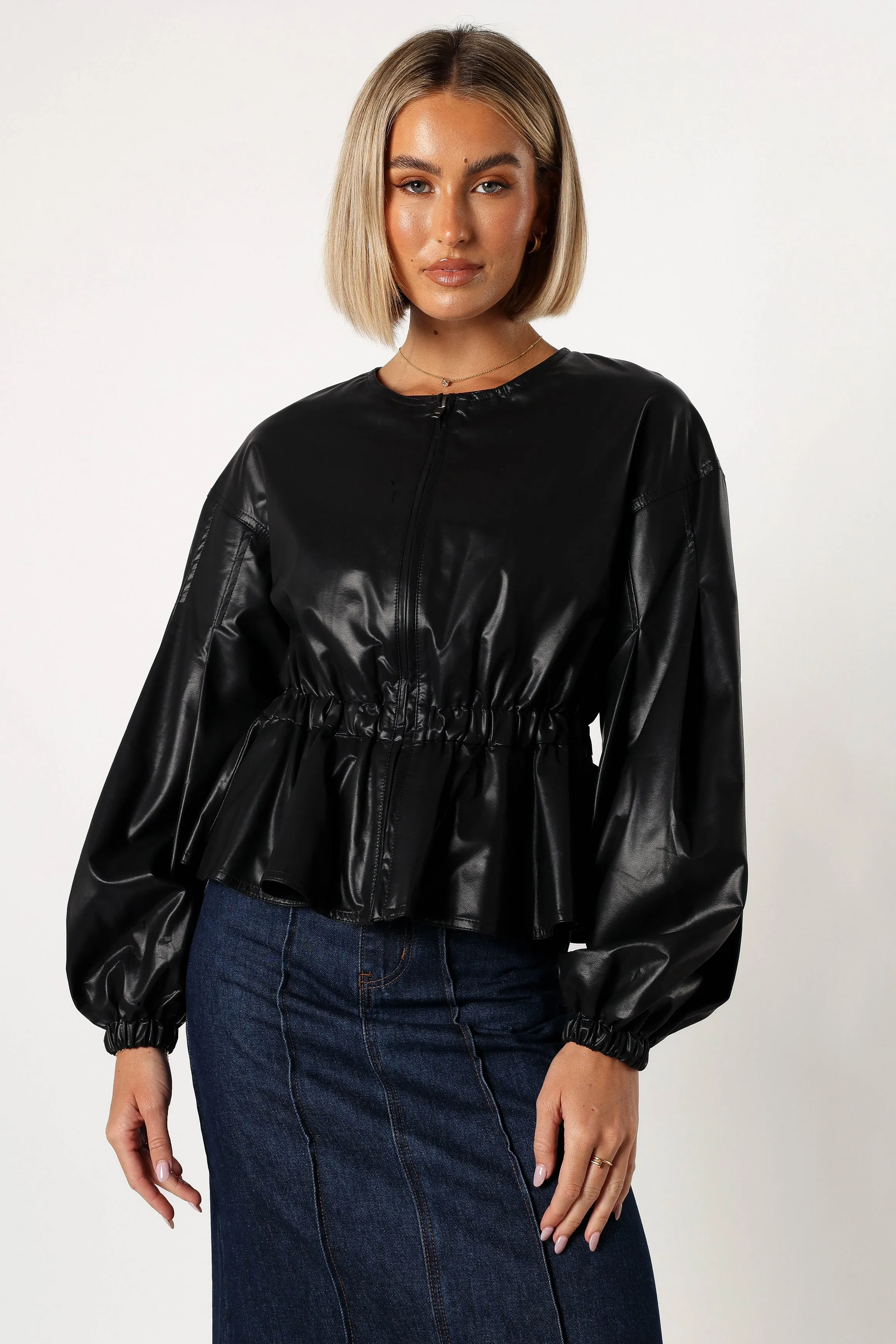 Ivanna Faux Leather Puff Sleeve Jacket - Black