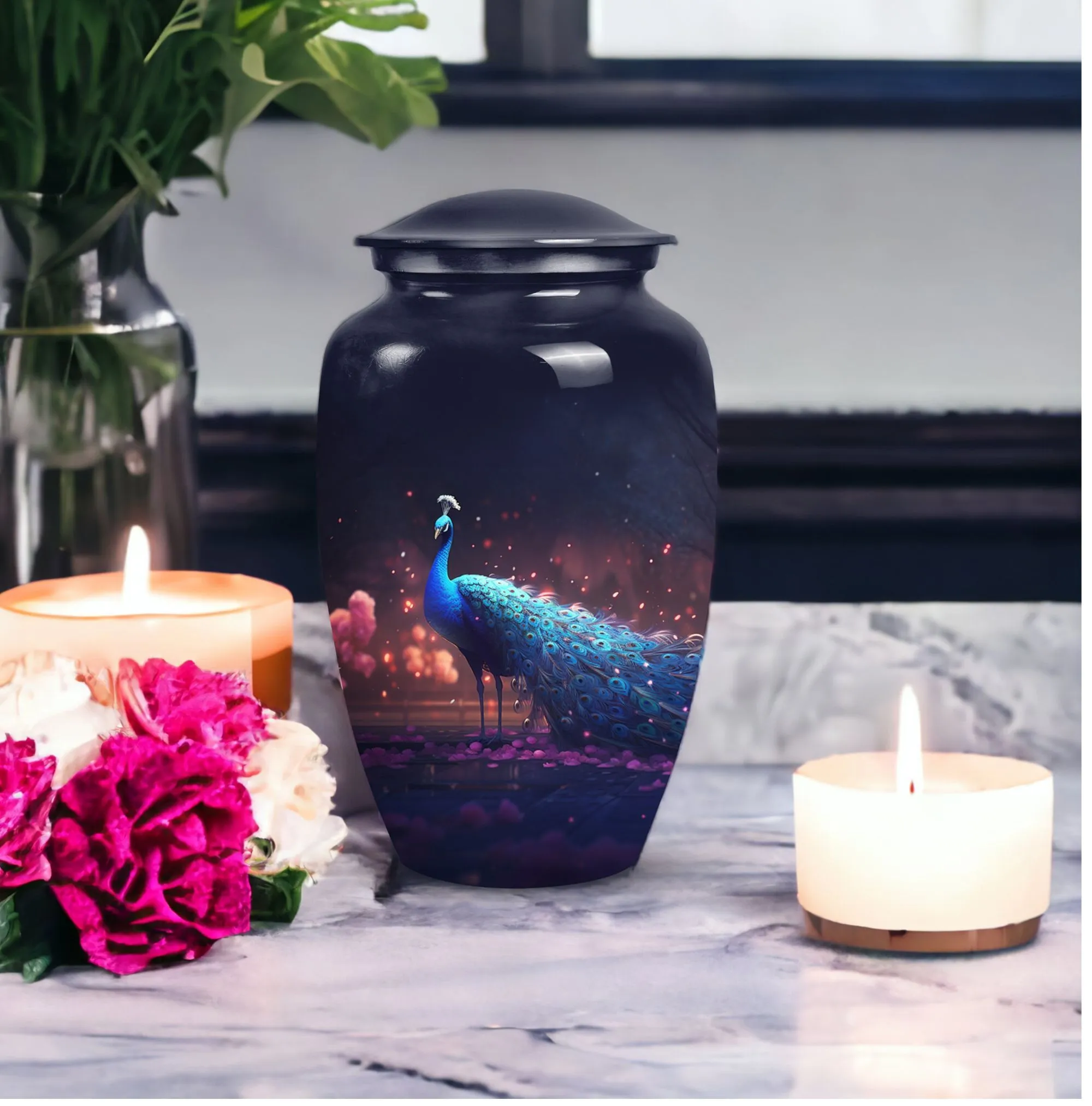 Peacock Themed Large Cremation Urn for Cherished Mother
