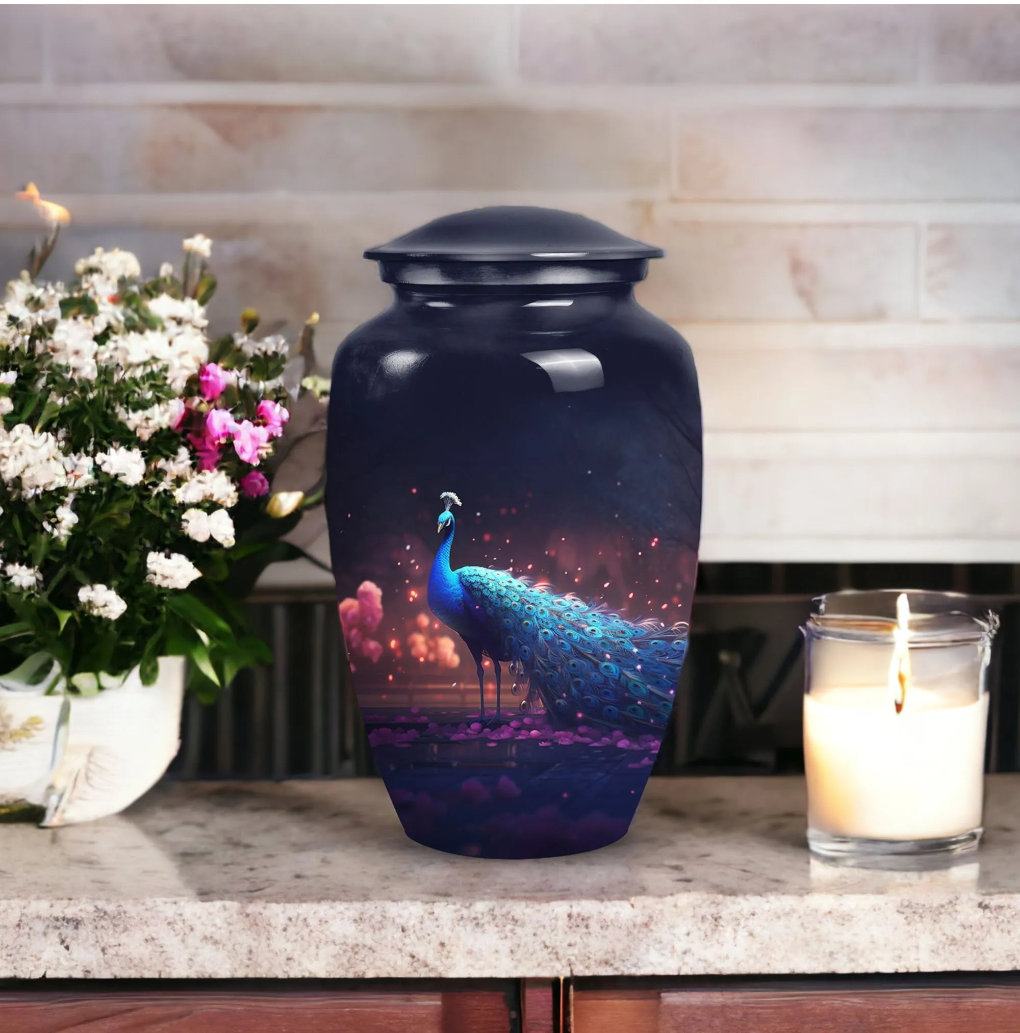 Peacock Themed Large Cremation Urn for Cherished Mother