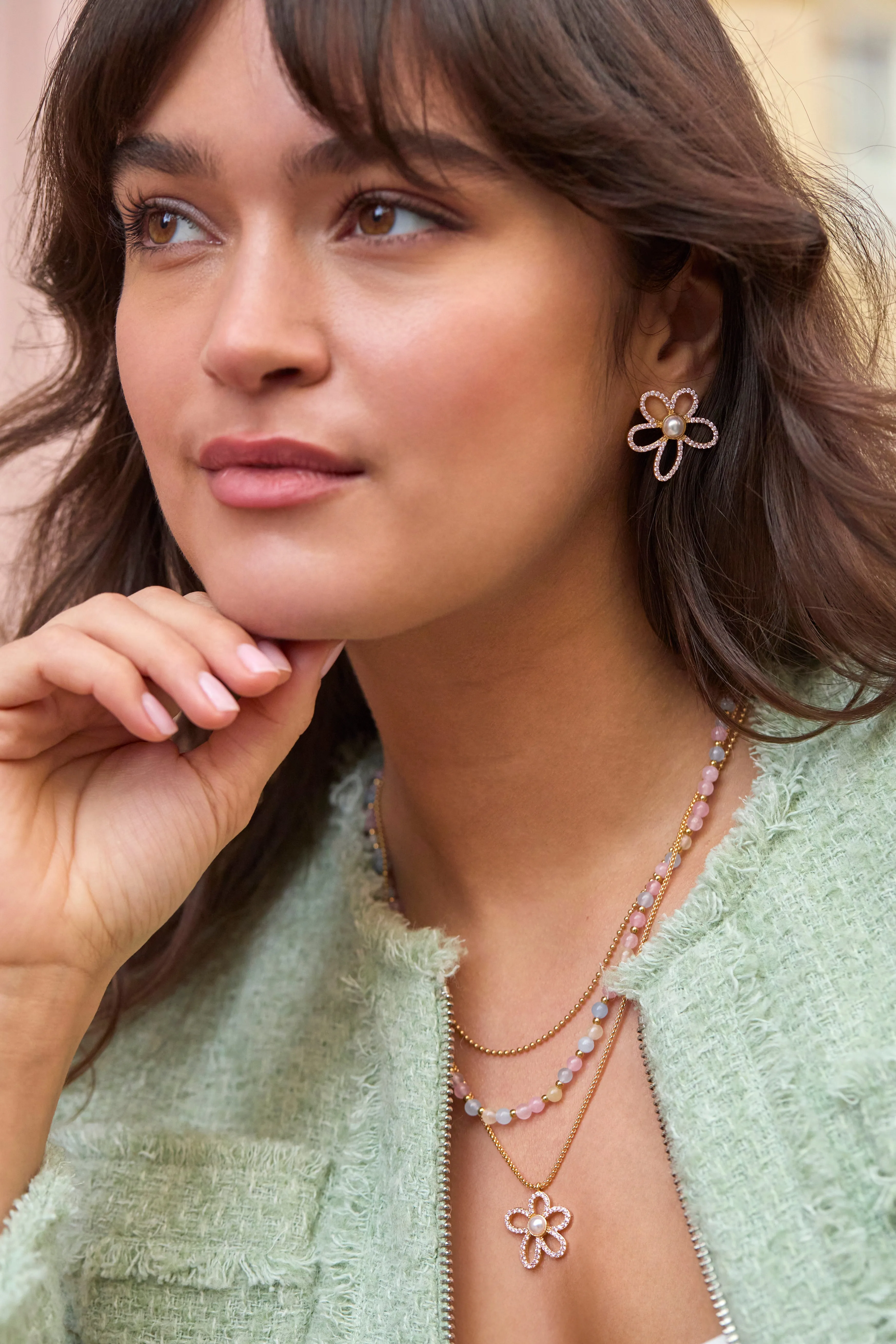 Pink Tennis Chain and Pearl Flower Earrings