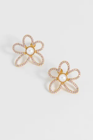 Pink Tennis Chain and Pearl Flower Earrings