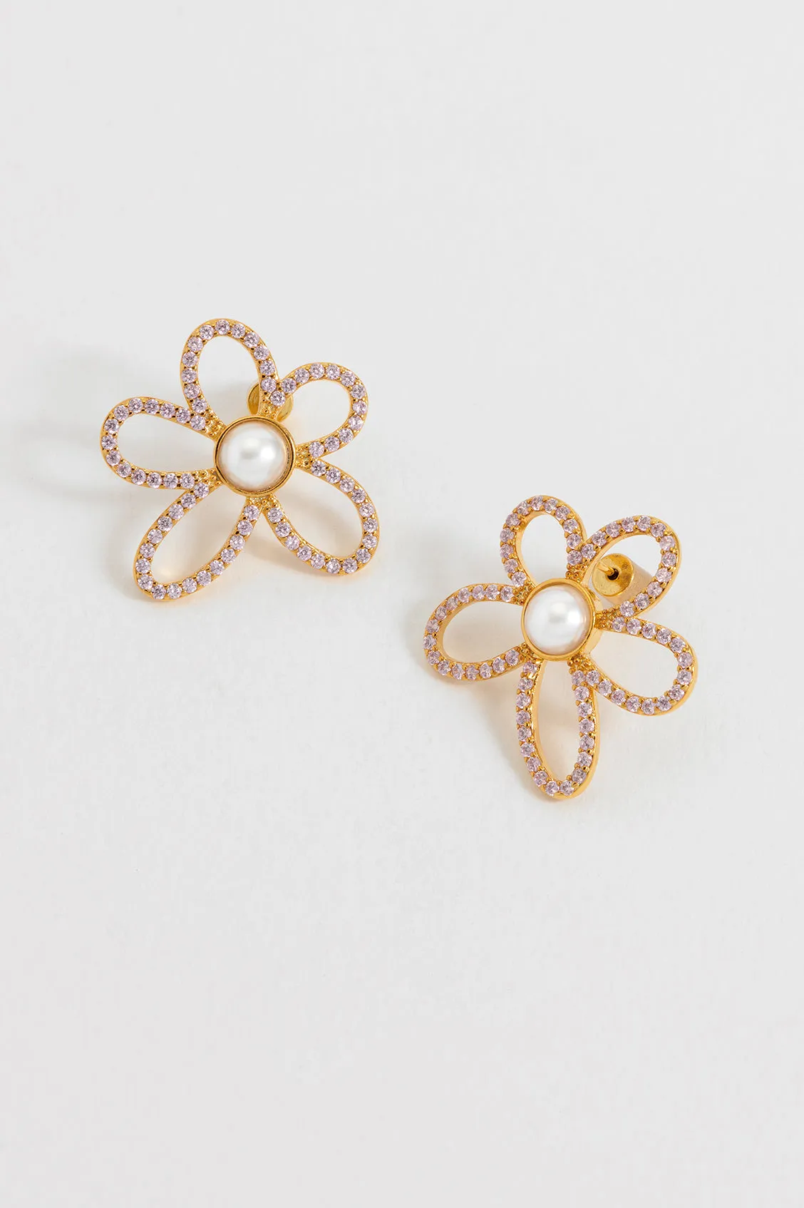 Pink Tennis Chain and Pearl Flower Earrings