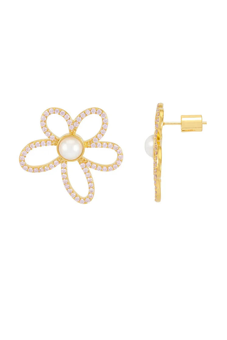 Pink Tennis Chain and Pearl Flower Earrings