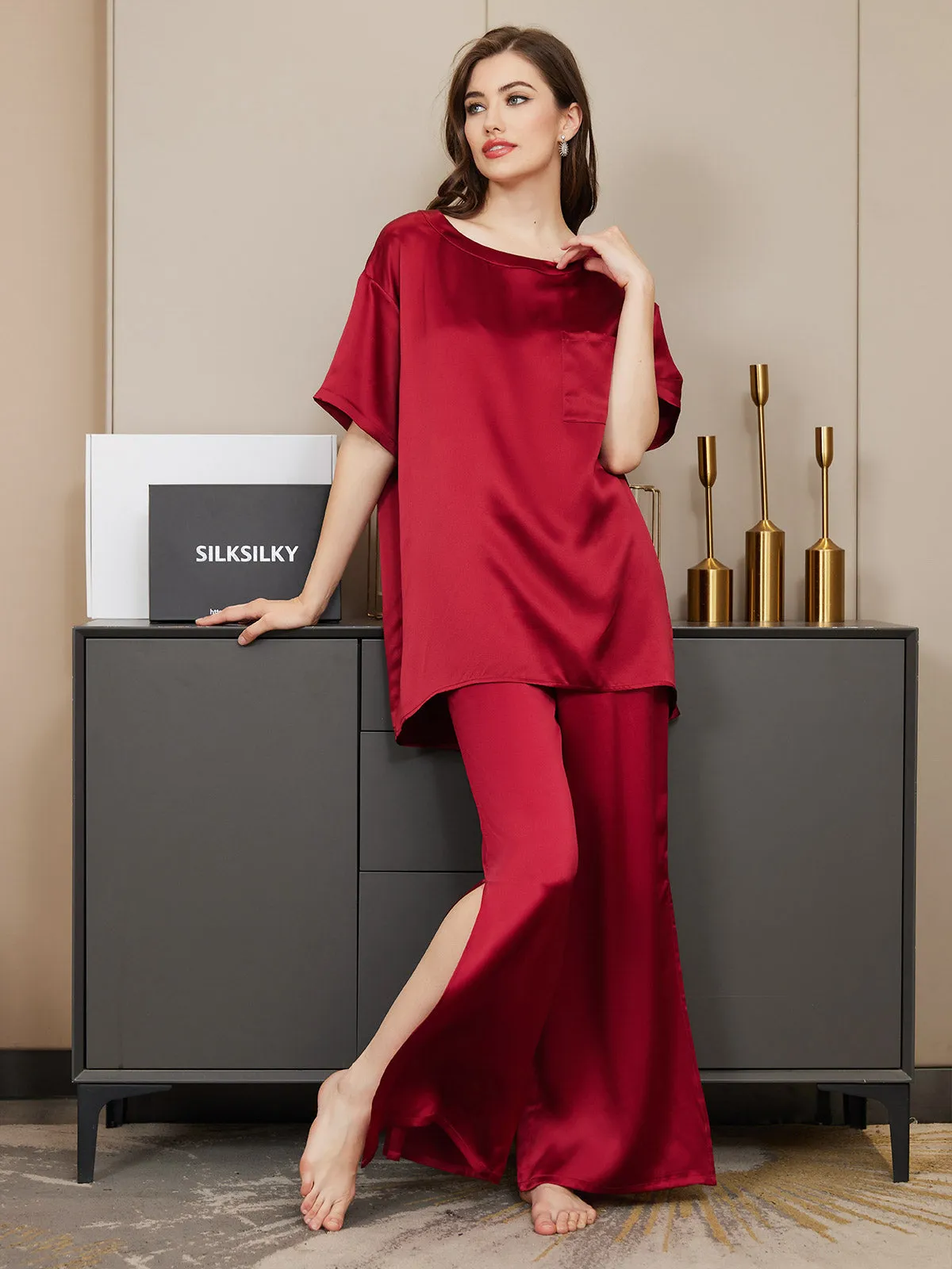 Pure Silk Short-Sleeved Split Hem Pajamas