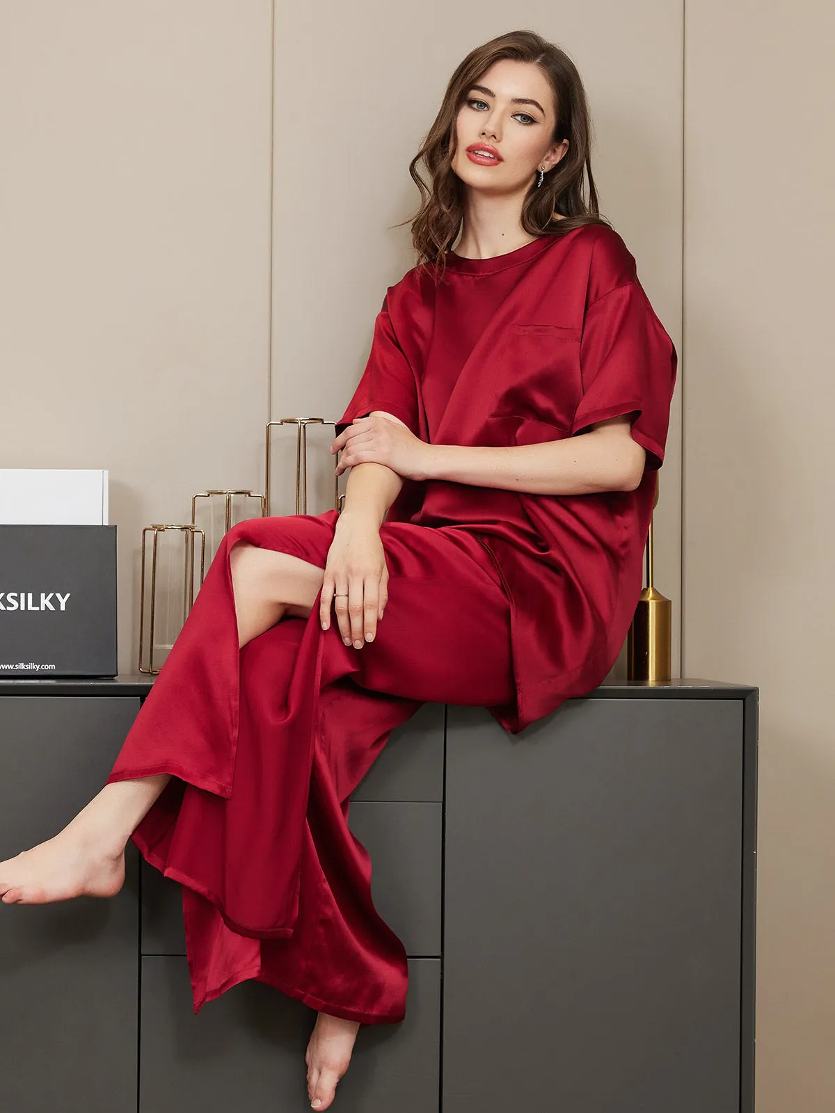 Pure Silk Short-Sleeved Split Hem Pajamas