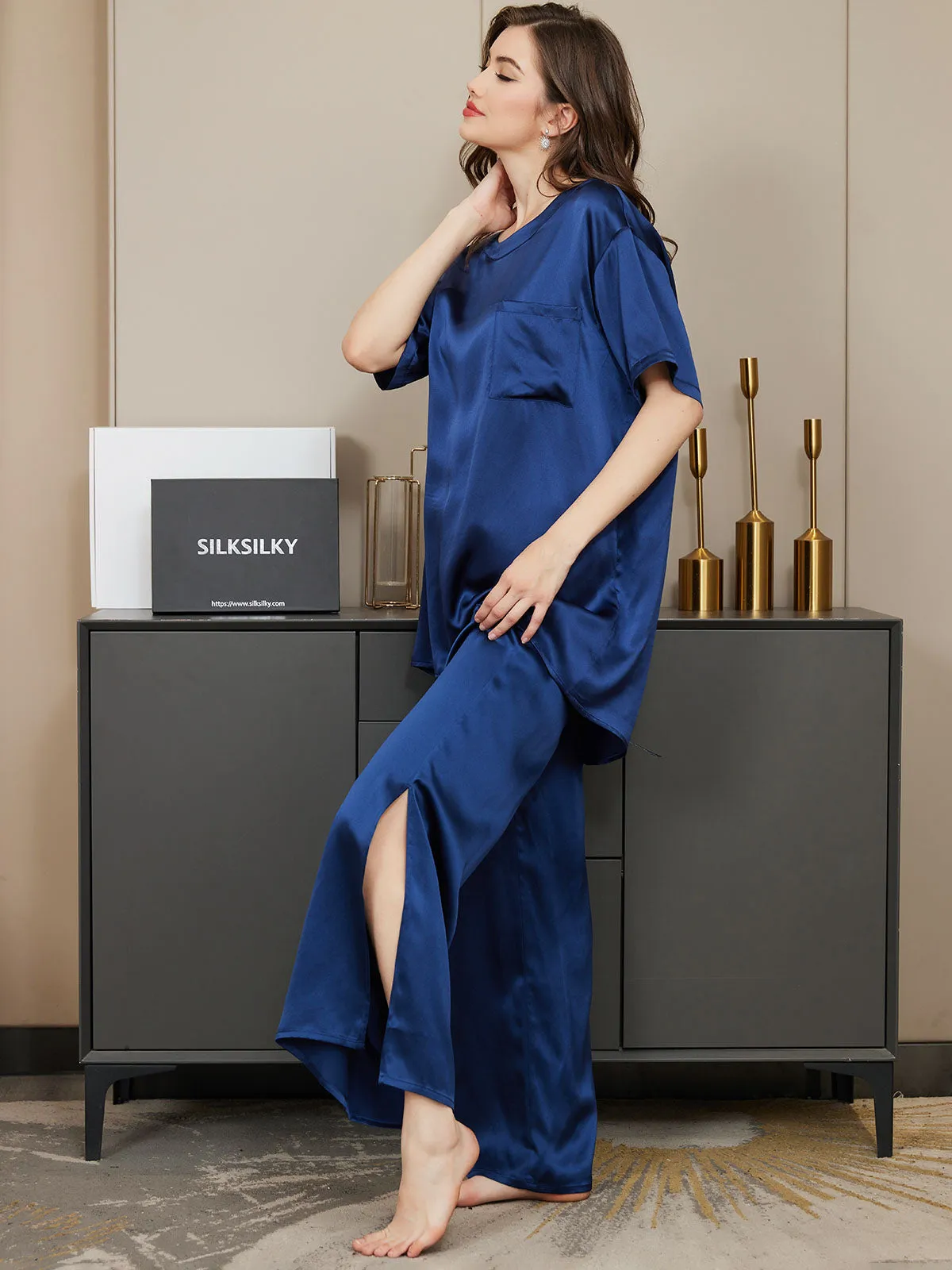 Pure Silk Short-Sleeved Split Hem Pajamas