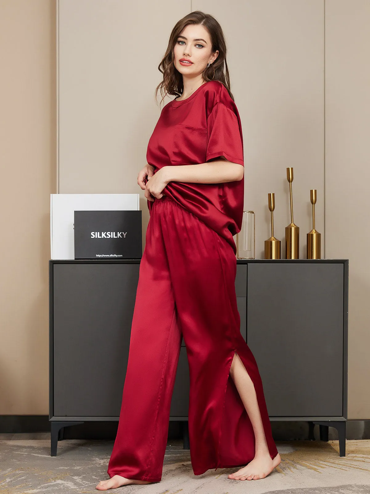 Pure Silk Short-Sleeved Split Hem Pajamas