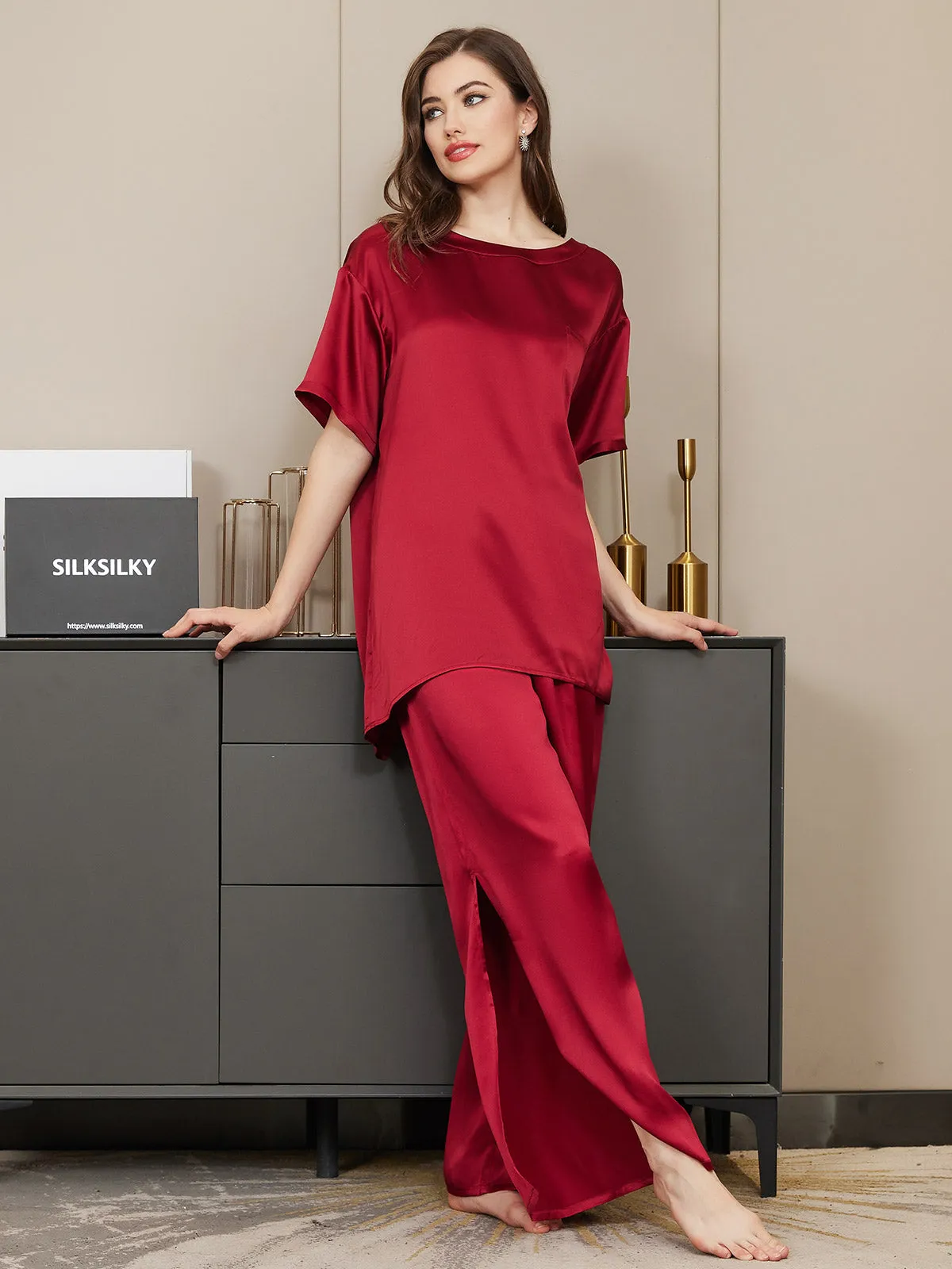 Pure Silk Short-Sleeved Split Hem Pajamas