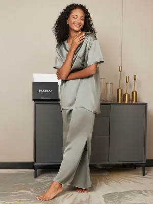 Pure Silk Short-Sleeved Split Hem Pajamas