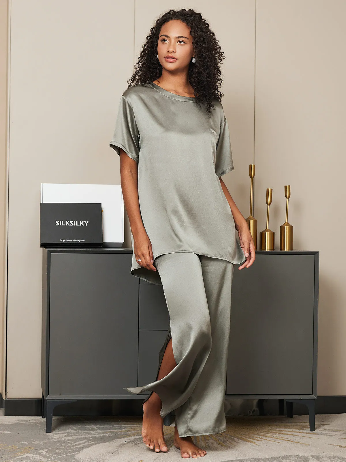 Pure Silk Short-Sleeved Split Hem Pajamas