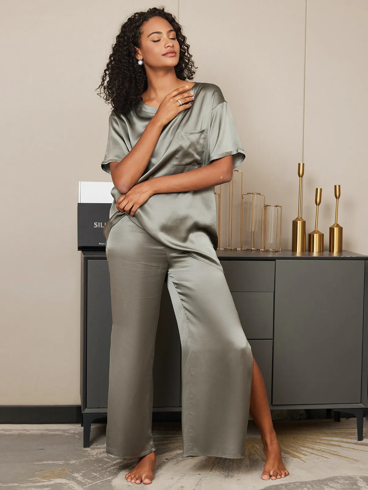 Pure Silk Short-Sleeved Split Hem Pajamas
