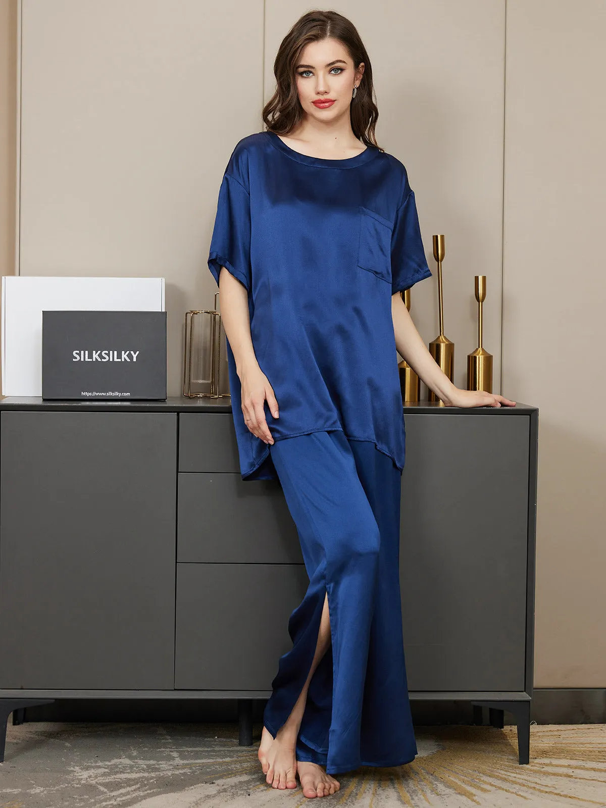 Pure Silk Short-Sleeved Split Hem Pajamas