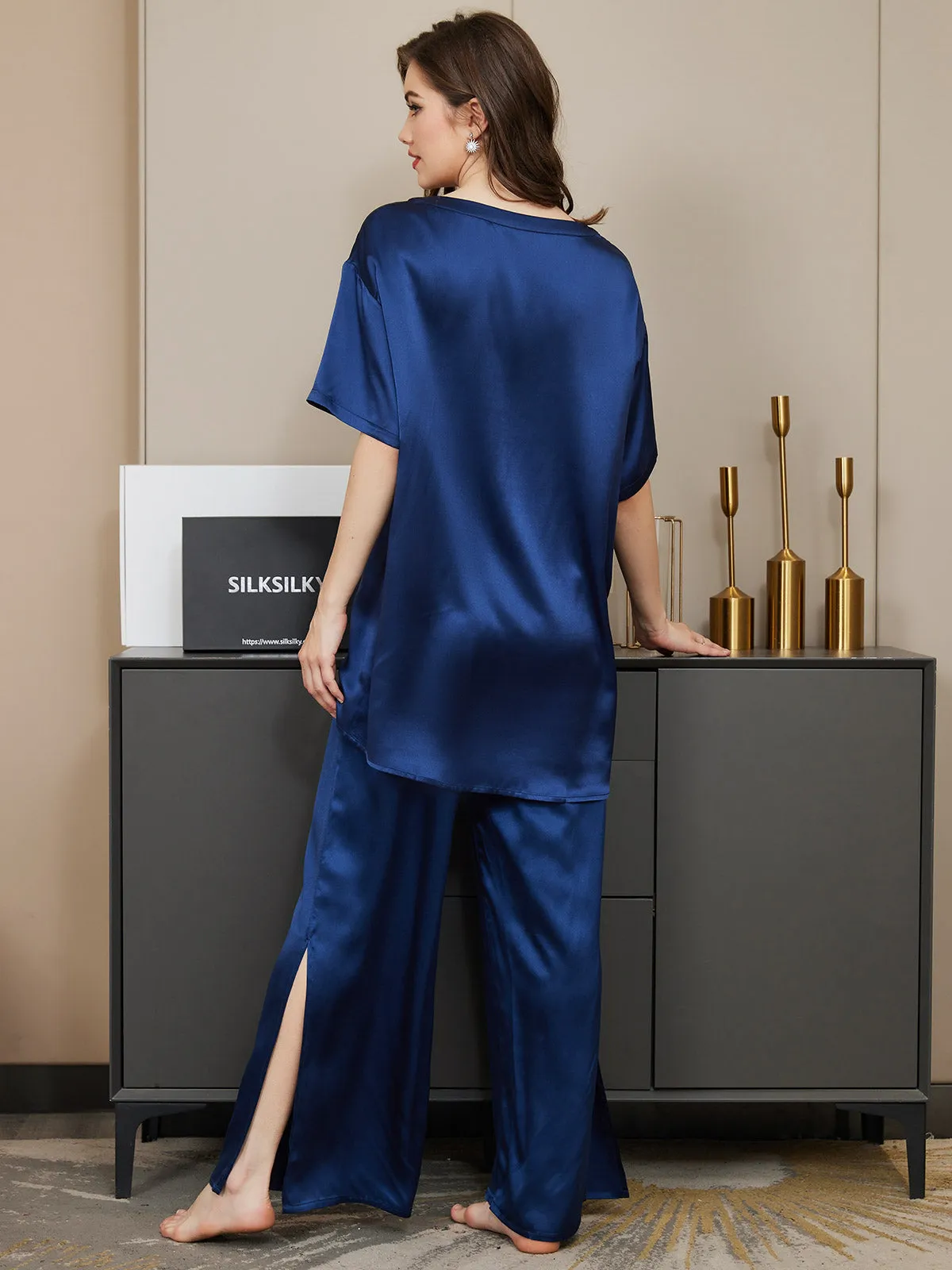 Pure Silk Short-Sleeved Split Hem Pajamas