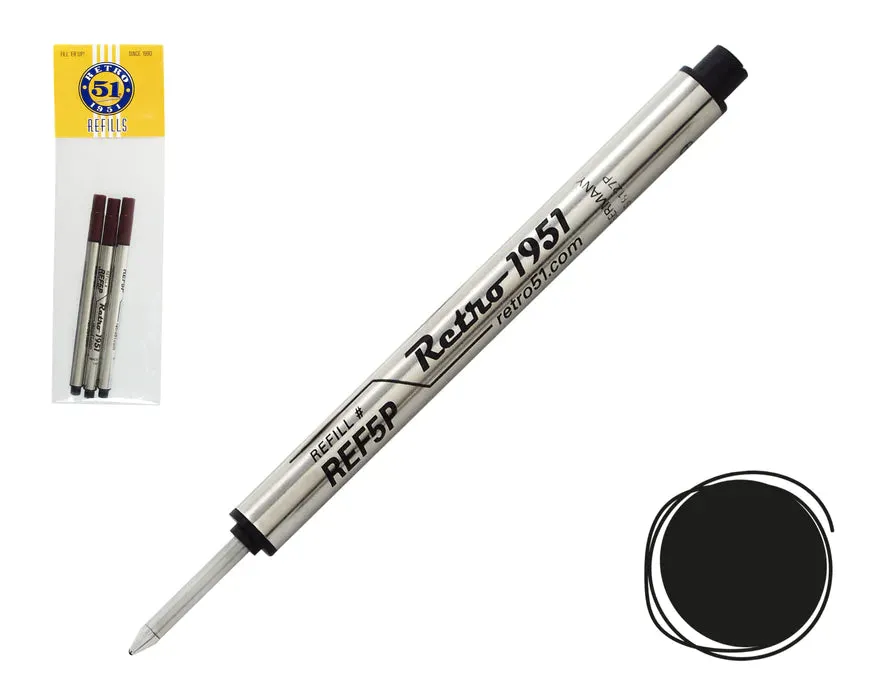 Retro 51 Black Capless Rollerball Refill 3pk