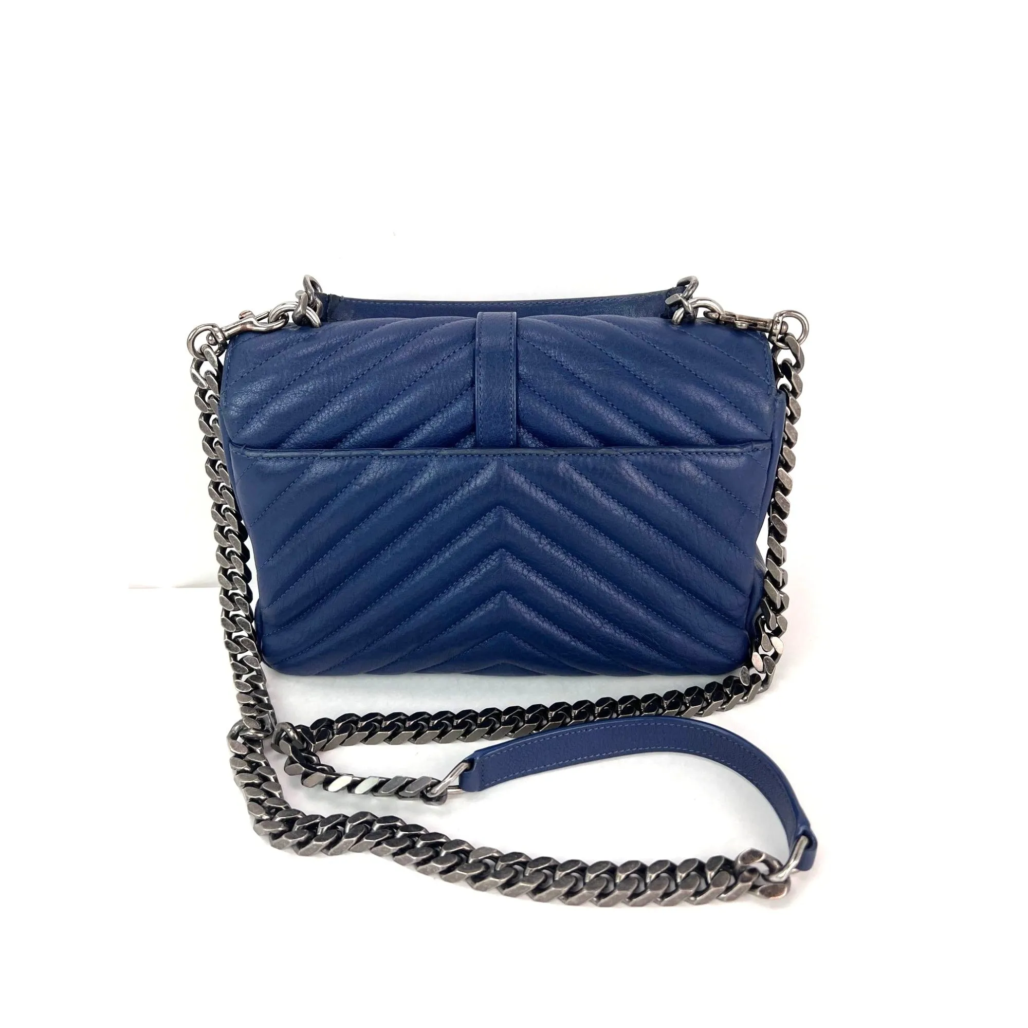 Saint Laurent Sheepskin Matelasse Chevron Medium College Leather Blue Messenger Bag