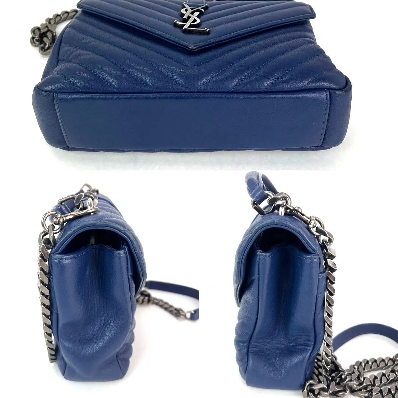 Saint Laurent Sheepskin Matelasse Chevron Medium College Leather Blue Messenger Bag