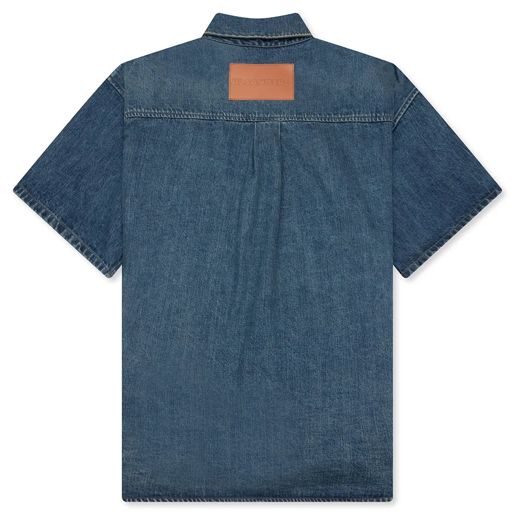 Washed and Bleached Raw Denim Shirt - Blue