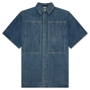 Washed and Bleached Raw Denim Shirt - Blue