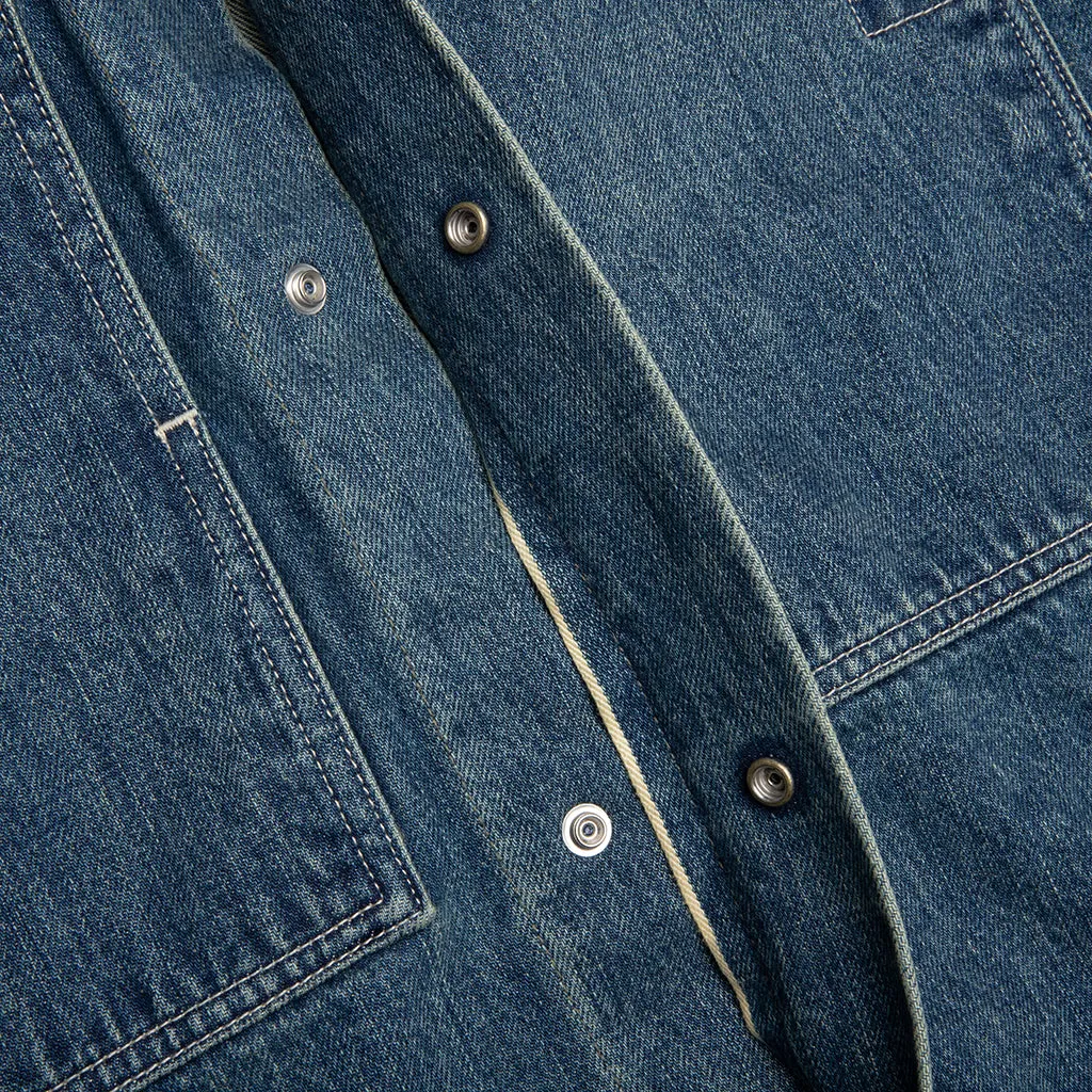Washed and Bleached Raw Denim Shirt - Blue