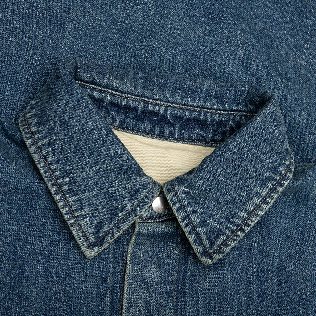 Washed and Bleached Raw Denim Shirt - Blue