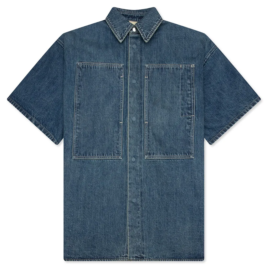 Washed and Bleached Raw Denim Shirt - Blue