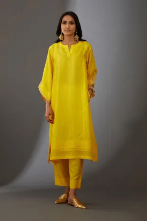Yellow Silk Embroidered Kurta & Pant Set